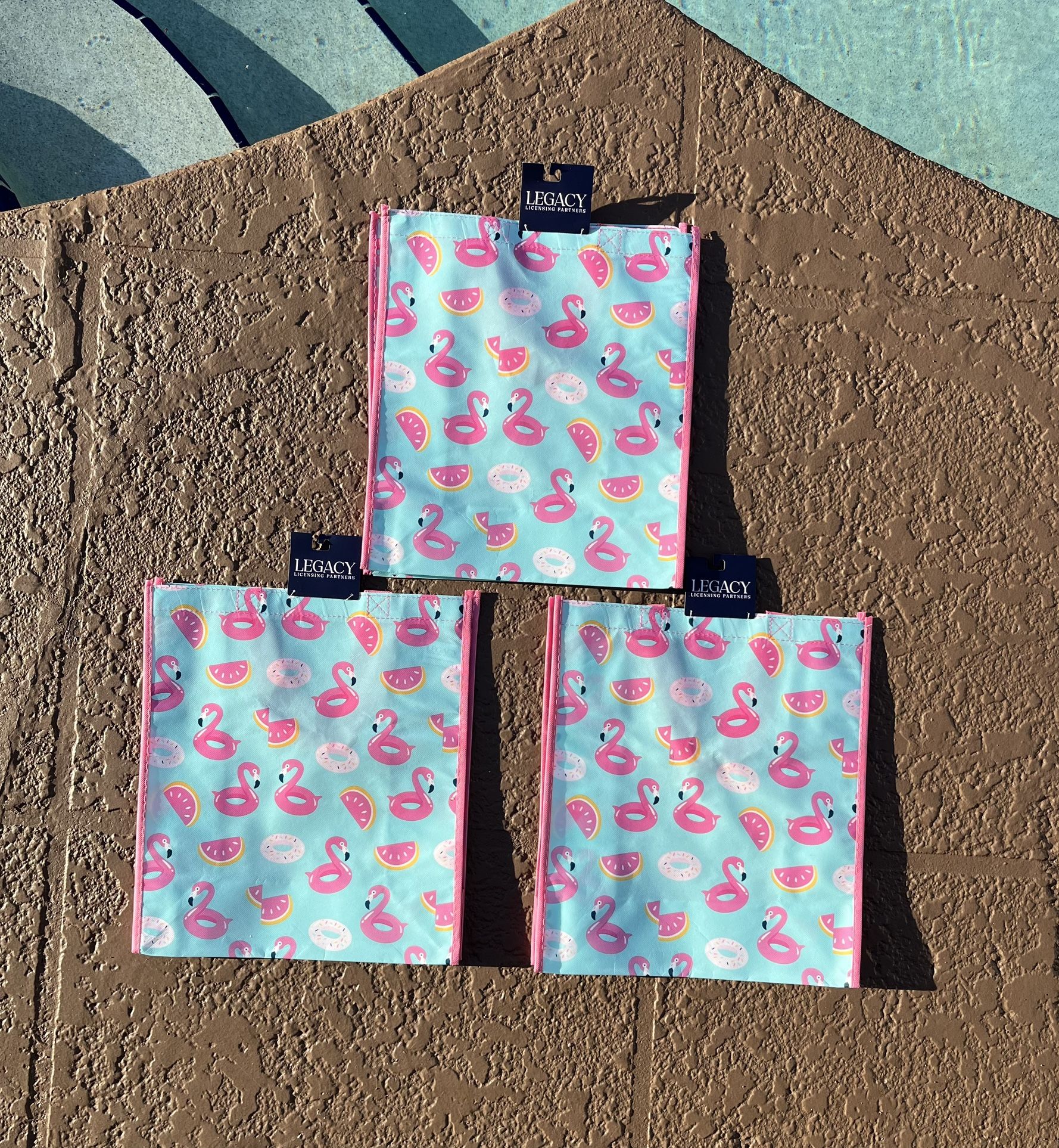 3 Brand new Flamingo Pool Floats reusable bags