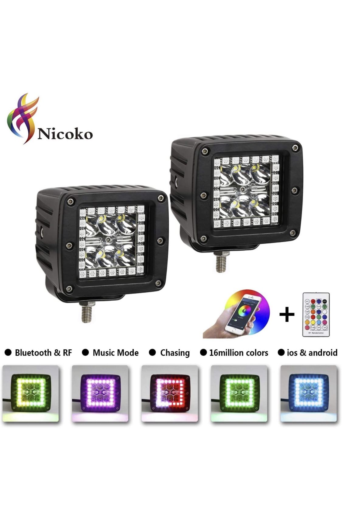 Nicoko 18w 3" Led Work Light with Chaser RGB Halo 10 Solid Colors Over 72 Flashing Modes Headlights Frontlights Flasing Strobe Lights IP 68 Waterproof