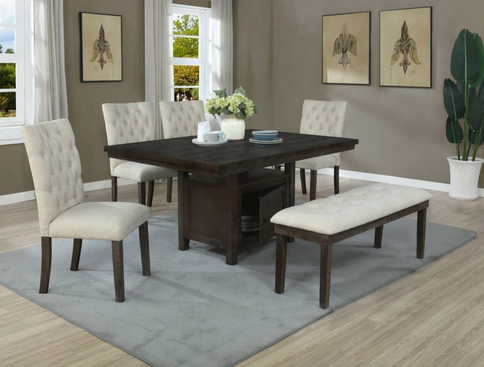 Dining Table w/ Cabinet + 4 Beige Chairs & Bench