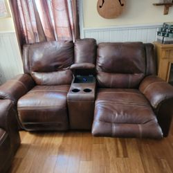 Brown Genuine Leather Reclining Sofa With Center Power Console Thumbnail