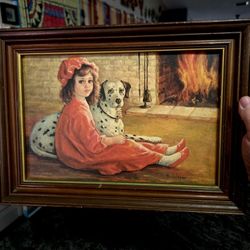 Vintage Framed Lithograph Print Titled "By The Fireside" by Artist Myrle Medeiros 14"×10"