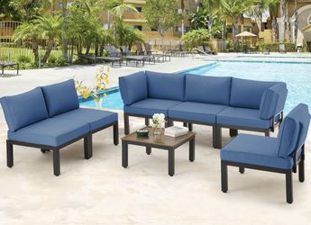 Outdoor Patio Furniture Set, 7 Piece Metal Patio Sectional Conversation Sofa, Black Wrought Iron