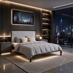 Queen Size Wood Platform Bed Frame with Fluffy Soft Upholstered Headboard, Wood Bed Support and Slat. Black & Gray.