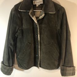 Colebrook & Co Olive Green Leather Suede/Sherpa Plaid Lined Jacket 