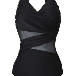 Brand New Womens Plus Sz 1X 14 Black Mesh Criss Cross One Piece Swimsuit Bathing Suit
