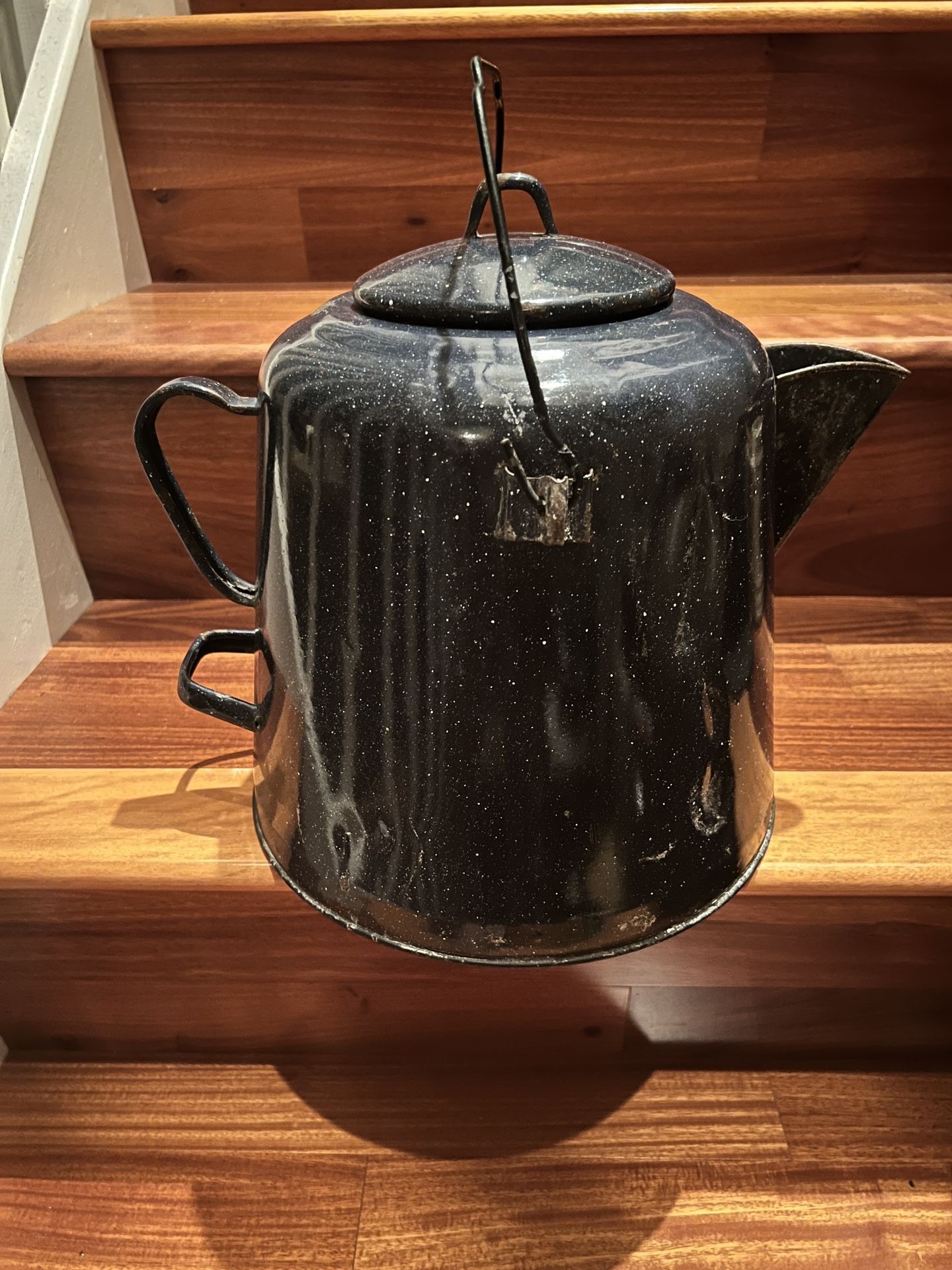 Antique Blue Granite Ware Cowboy  Coffee Pot With Wire Handle