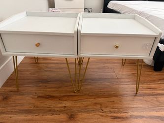 White Nightstands with Gold Hairpin Legs – Set of 2