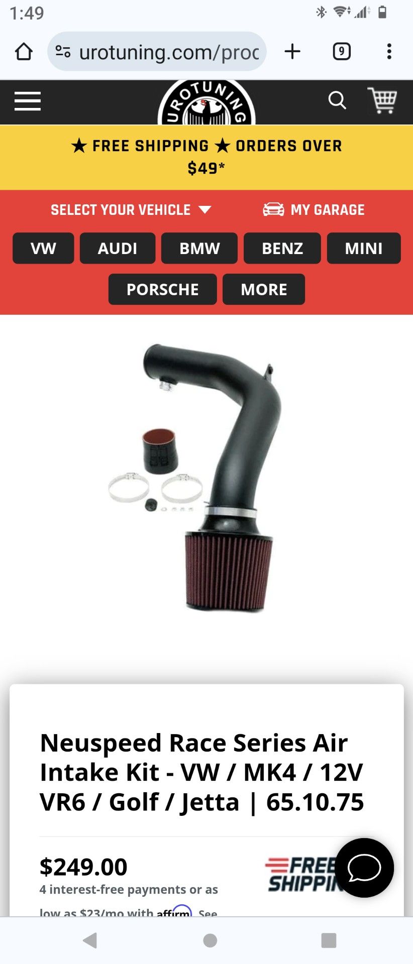 Cold Air intake Volkswagen Mk4 gti Golf Jetta GLI Vr6 for Sale in