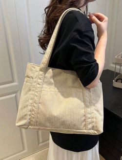 Large Capacity Simple Solid Color Tote Bag,Preppy Book Bag For Book Week, Large School Tote Bag, Multiple Compartments, Perfect For Beach, School, Wor