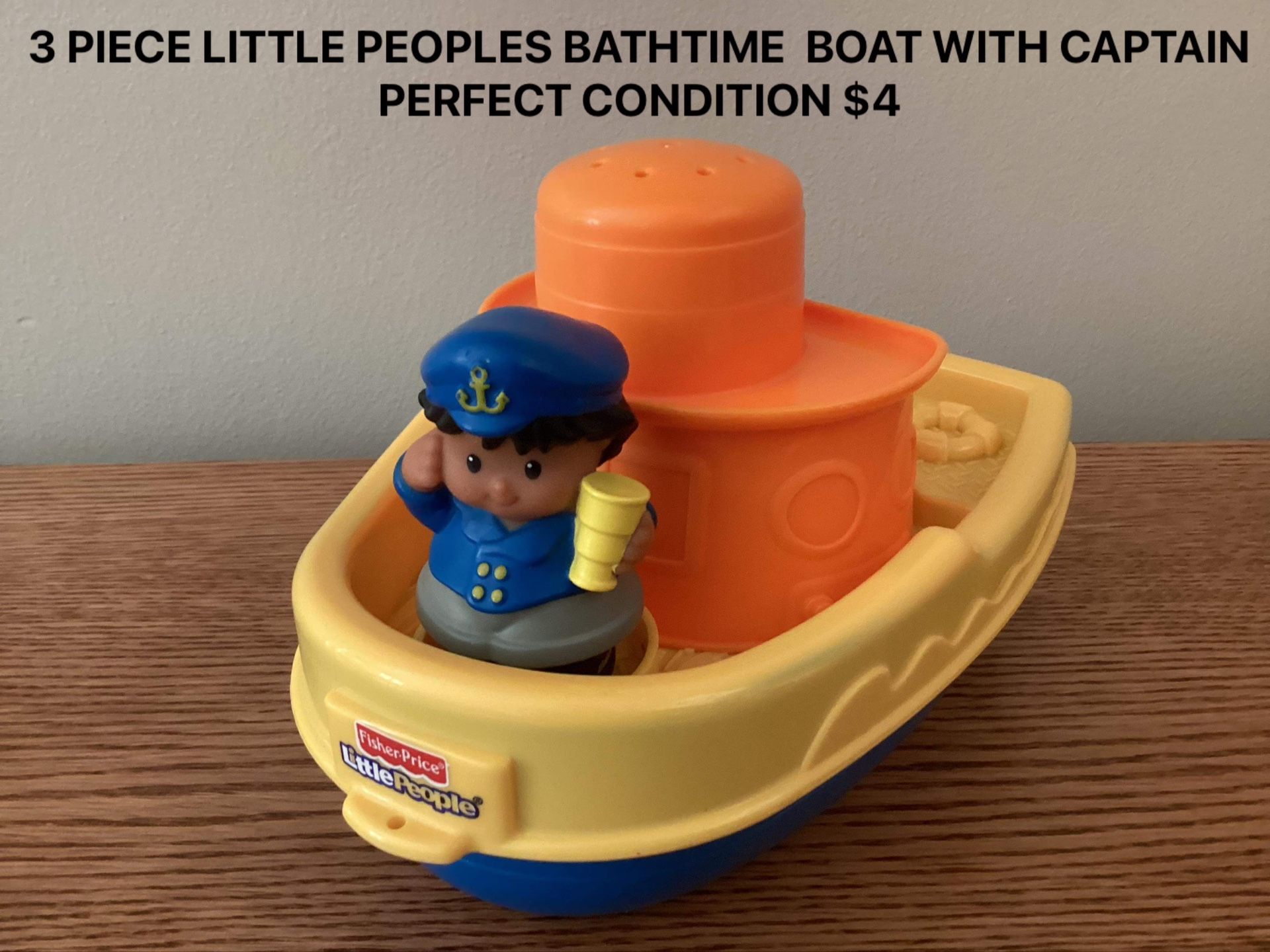 LITTLE PEOPLES BATHTIME BOAT WITH CAPTAIN, PERFECT CONDITION 