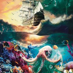 Premium 1000 Piece Jigsaw Puzzle for Adults -27x20 Unique Marine Artwork Pirate shipoctopus Puzzle - Unique Brain Teaser, Difficult and Challenge Larg