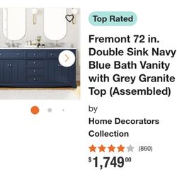 Fremont 72 in. Double Sink Navy Blue Bath Vanity with Grey Granite Top 