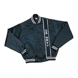 VINTAGE SOFFE US NAVY SATIN BOMBER JACKET LARGE L MENS BLUE ARMY MILITARY SNAP