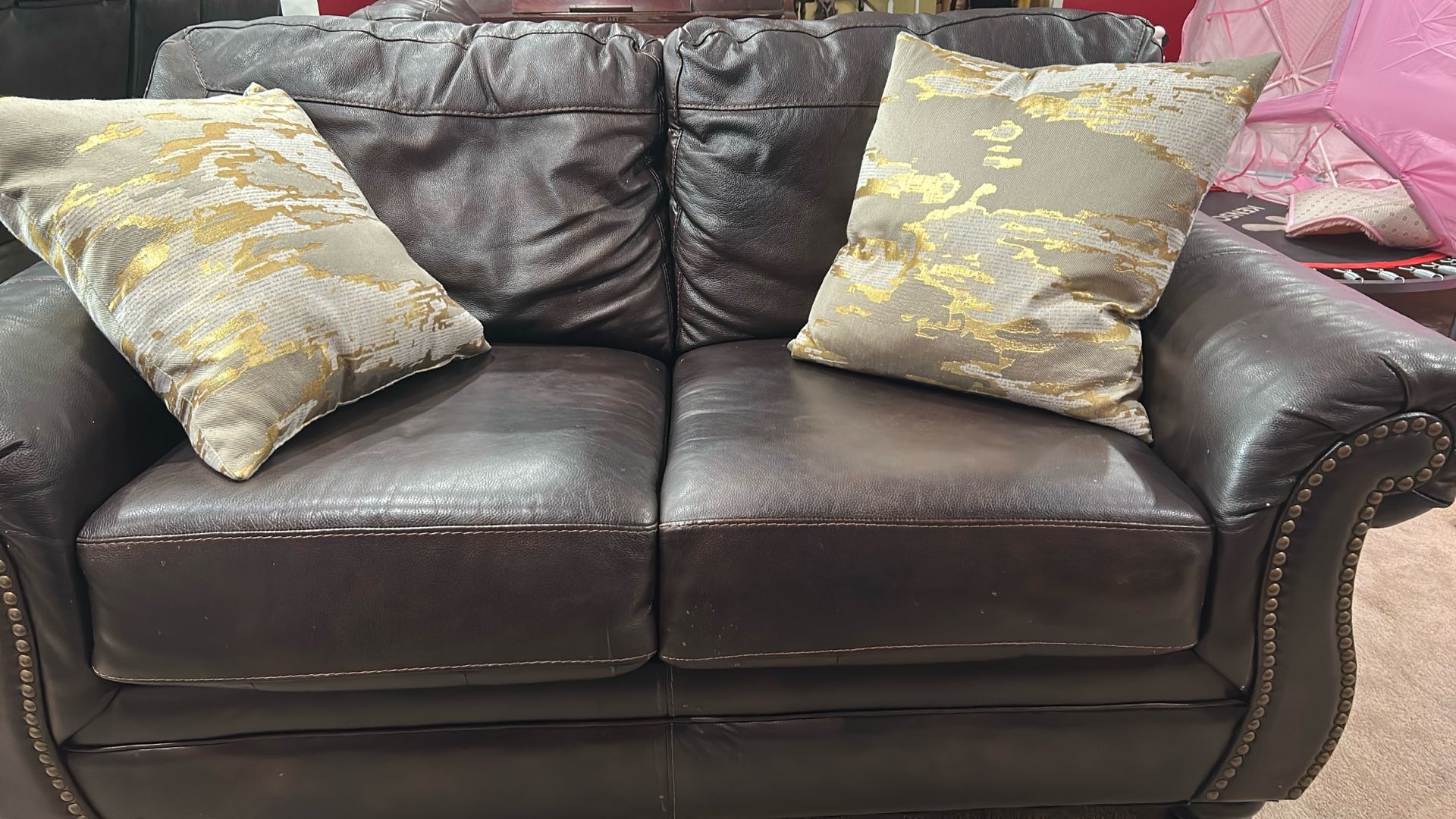 Leather Love Seat, Chair With Ottoman