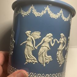 Vintage Holland Tin Wedgwood Blue And White Round Whit Lid Raised Design Of Dancing Hours Garland Border