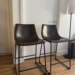 Brown Leather Bar & Counter Stools (2)