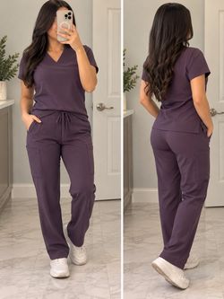 Mandala Women’s Purple Plum Scrub Set – V-Neck Top Size M & Cargo Pants