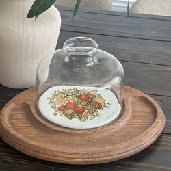 VINTAGE Wood & Tile CHEESE SERVER & GLASS DOME by GOODWOOD