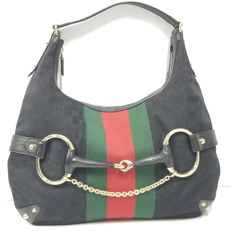 Gucci Tom Ford Era Black GG Canvas and Leather Horsebit Web Hobo handbag