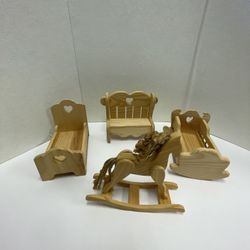 Vtg Wood Handcrafted Doll Furniture Lot - Bench Cradle Bed Horse Heart Cutouts
