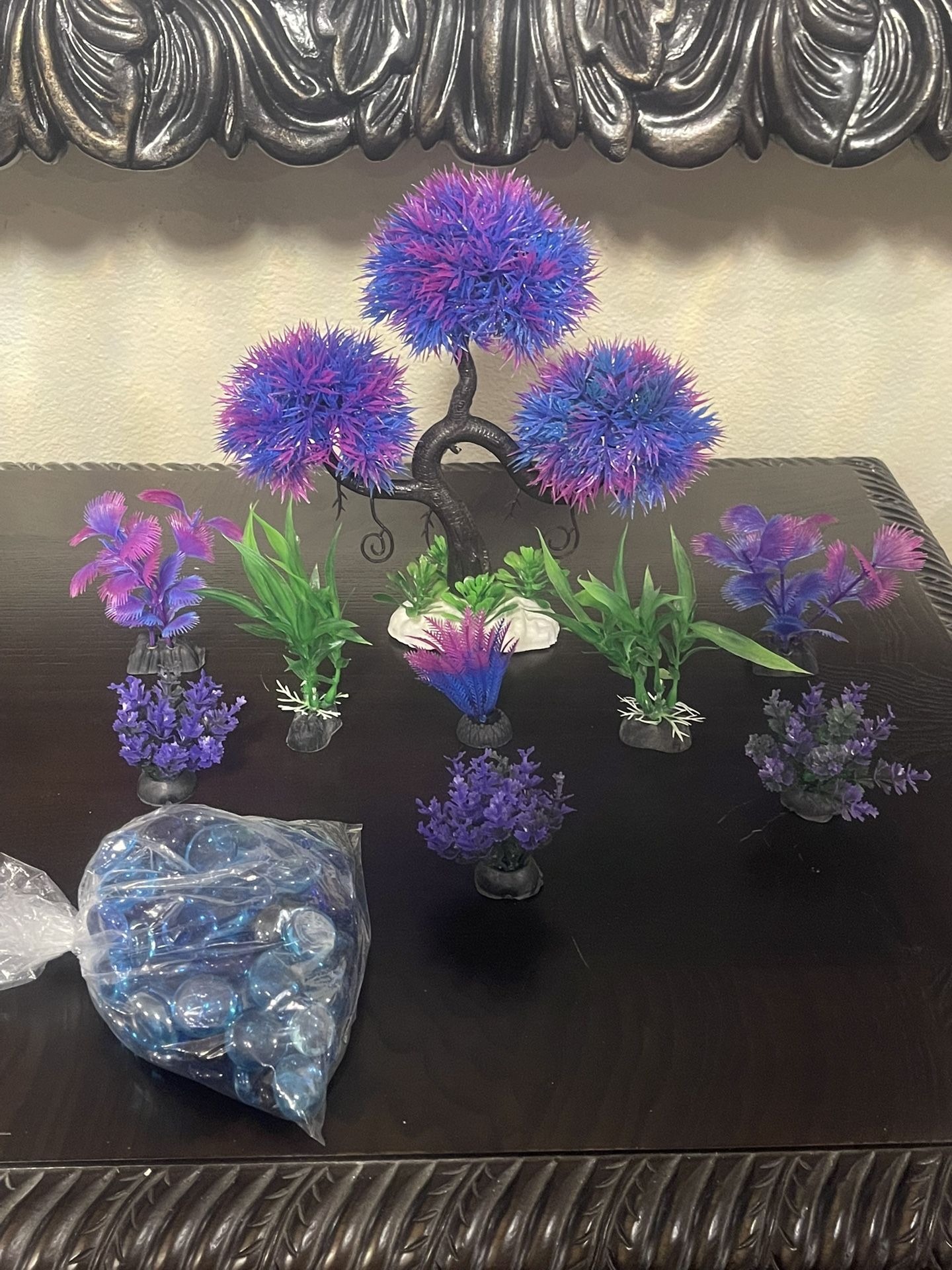 Aquarium / Fish Tank decorations - Large Purple Pink and Blue Tree with plastic plants and blue gems
