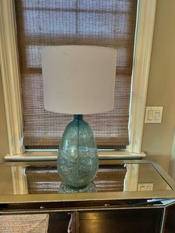 Teal Art Glass Table Lamp with White Shade