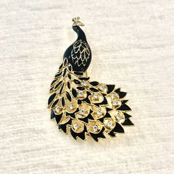Vintage Peacock Brooch Black & Gold W/Rhinestones