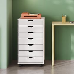 7-Drawer Chest, Wood Storage Dresser Cabinet with Wheels, White/Black