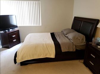 Elegant Queen Bedroom bed frame and two night stands dark wood (espresso/mocha wood)