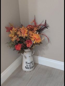 Rustic White Metal Milk Can Jug Thankful Blessed Vase  Fall Floral Arrangement