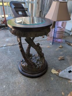 Round Glass Top Side Table with Palm Tree Base