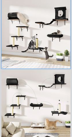 Cat Wall Shelves, 7-in-1 Cat Climbing Wall Systems, Space-Saving Wall Mounted Cat Shelves for Play & Rest Includes House, Tunnel, Bridge, Steps, Scrat