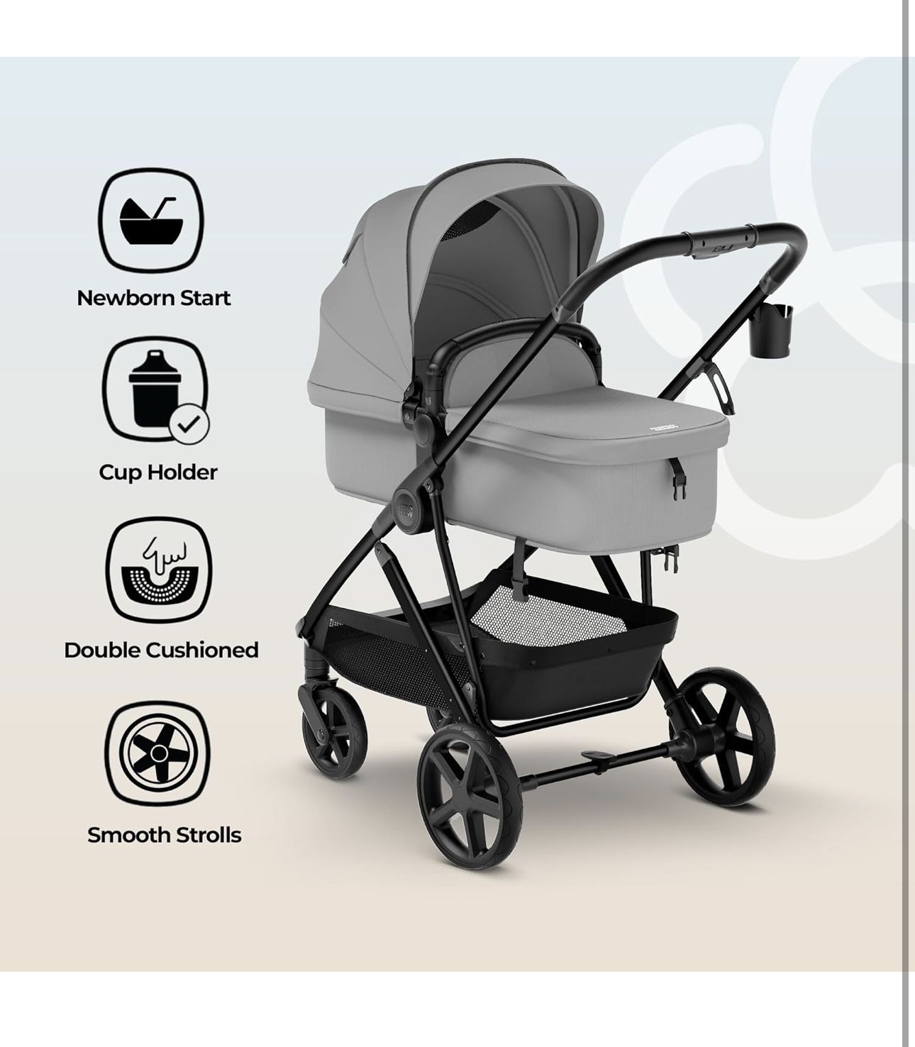 MAMA & BABY Rovee Bassinet Baby Stroller, 2-in-1 Foldable Infant Stroller with Reversible Seat, UPF
