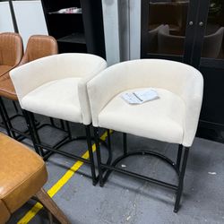 Counter Height Bar Stools Set of 2, Modern Barrel Counter Stools with Backrest and Arms, Black Metal Frames, Linen Fabric Upholstered Accent Barstools