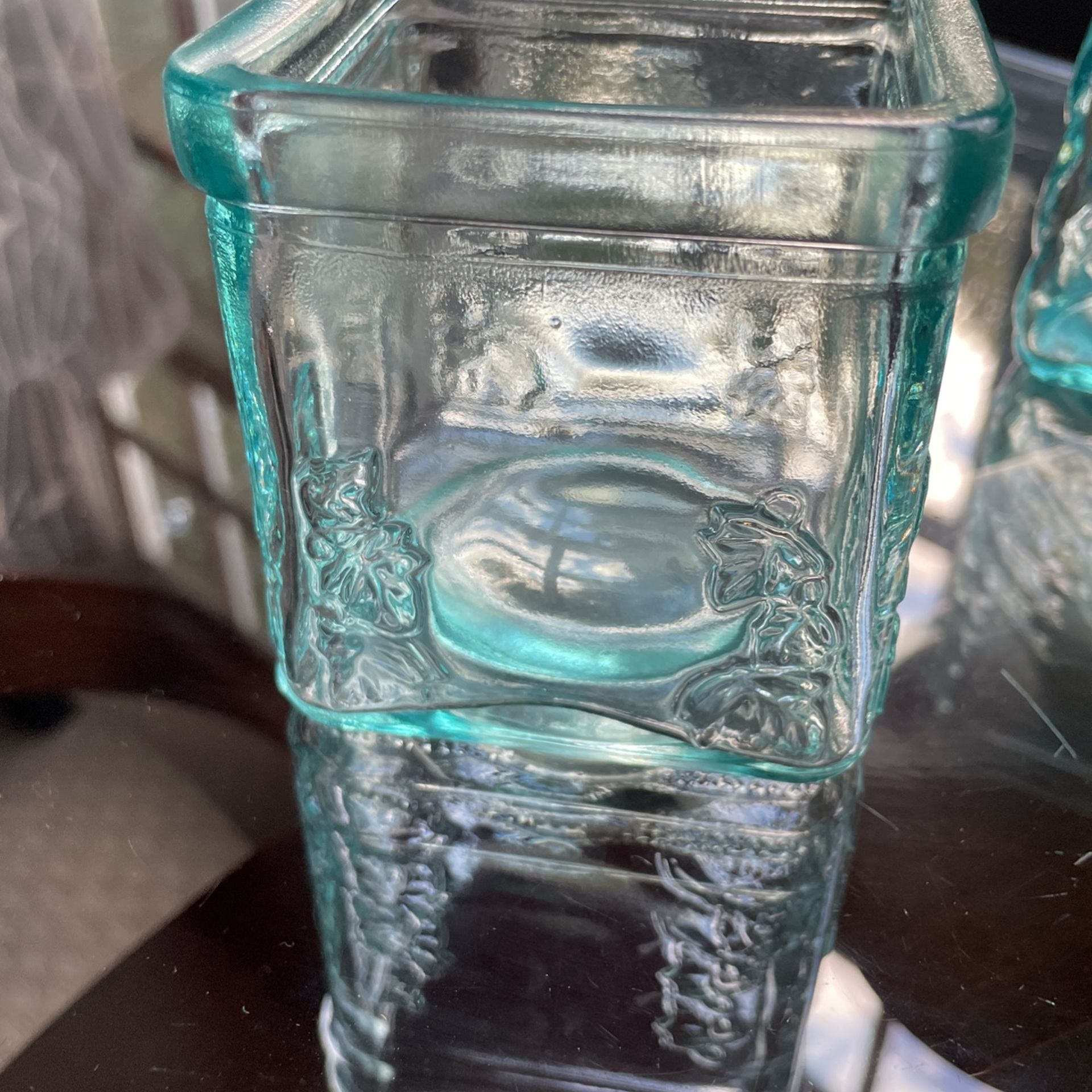 Vintage Pressed Glass Square Votive Candle Holder Leaves