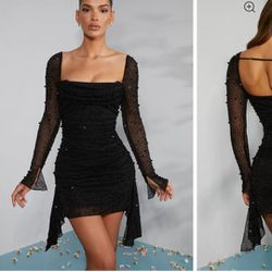 NWT Oh Polly Tivoli Cowl Neck Long Sleeve Embellished Black Dress