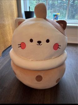 Miniso Small Milk Tea Boba Plush Calico Pearl Kitten 14.6" Pink Creme Tan Brown