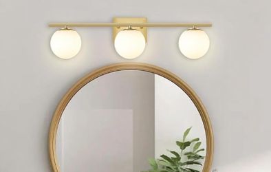 3-Light Brass Globe Vanity Light Bar | Gold Opal Glass Ball Bathroom Fixture