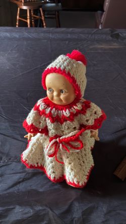 Kewpie 11” tall marked Cameo with home made dress, cap, booties, and diaper- great condition