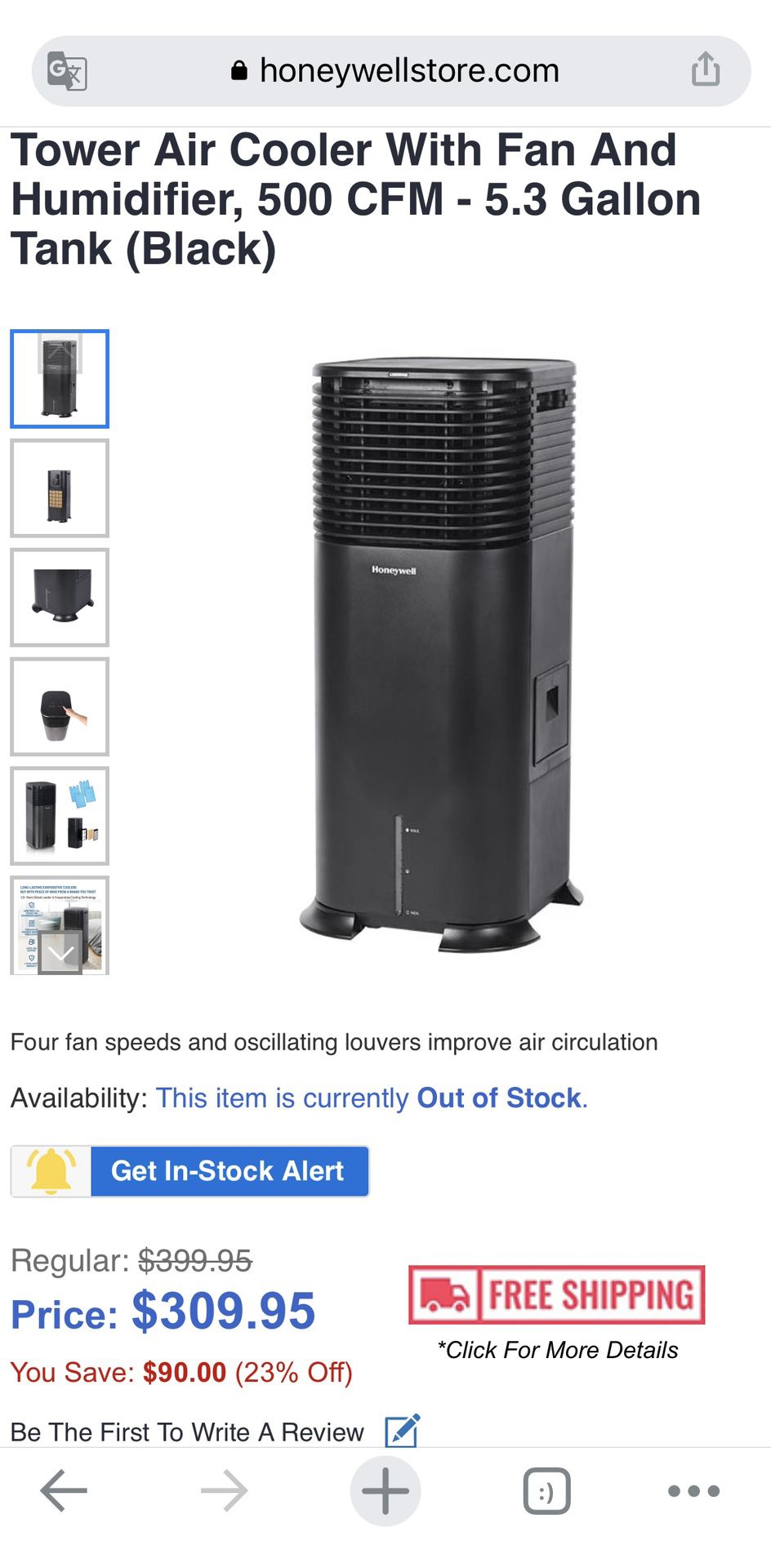 Honeywell DLC203AE Evaporative Tower Air Cooler With Fan And Humidifier, 500 CFM - 5.3 Gallon Tank (Black),