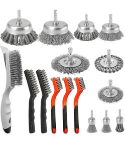 16 Pcs Wire Brush for Drill, Heavy Duty Carbon Steel Wire Wheel Pen Brush with 1/4-Inch Hex Shank and Stainless Steel Hand Brushes Set for Cleaning Ru