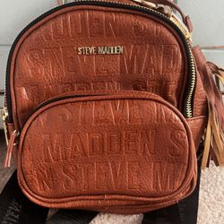 Brand New Steve Madden Cognac Vegan Leather Spell Out Mini Backpack 