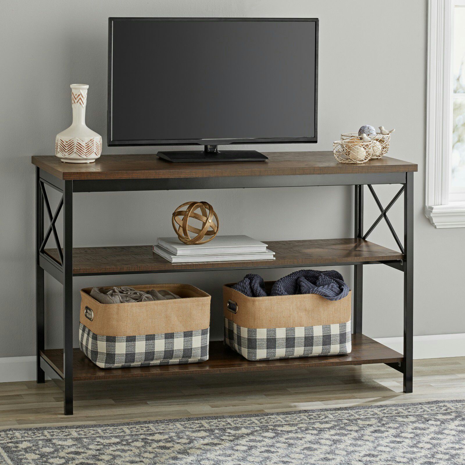 Mainstays 3-Shelf TV Console Table for Most TVs up to 42", Sawcut Brown