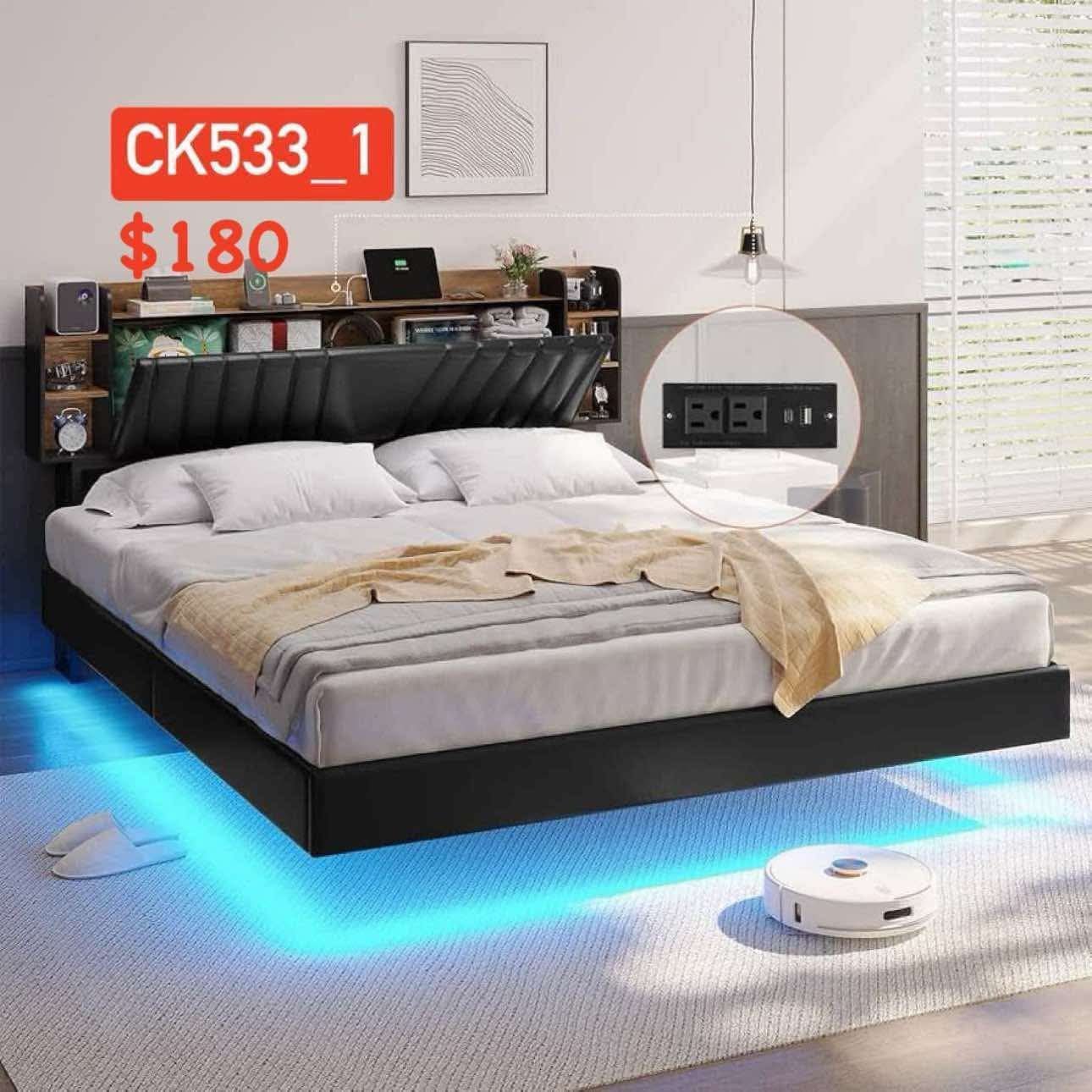 Hasuit California King Floating Led Bed Frame with Hidden Storage Headboard and Charging Station, Black+Rustic 533_1