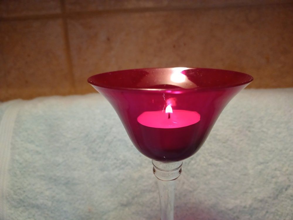 Absolutely Gorgeous Tall Crystal Red With Clear Stem Candle Holder