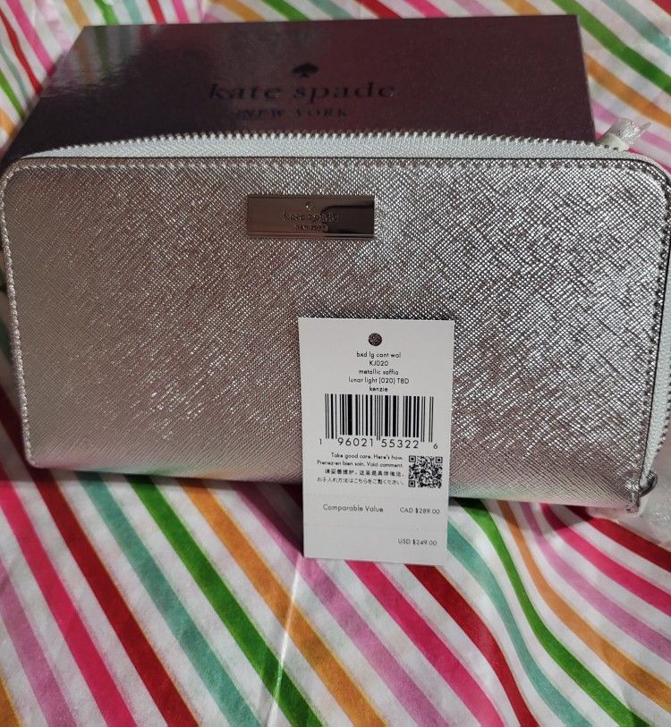 1 DAY SALE ONLY🎉‼️Kate Spade Kenzie Metallic Zip Around Wallet in Lunar Light ♤ NEW in Box ♤ $249