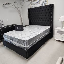 Black Velvet Bed Tall Headboard NEW Financing Available 