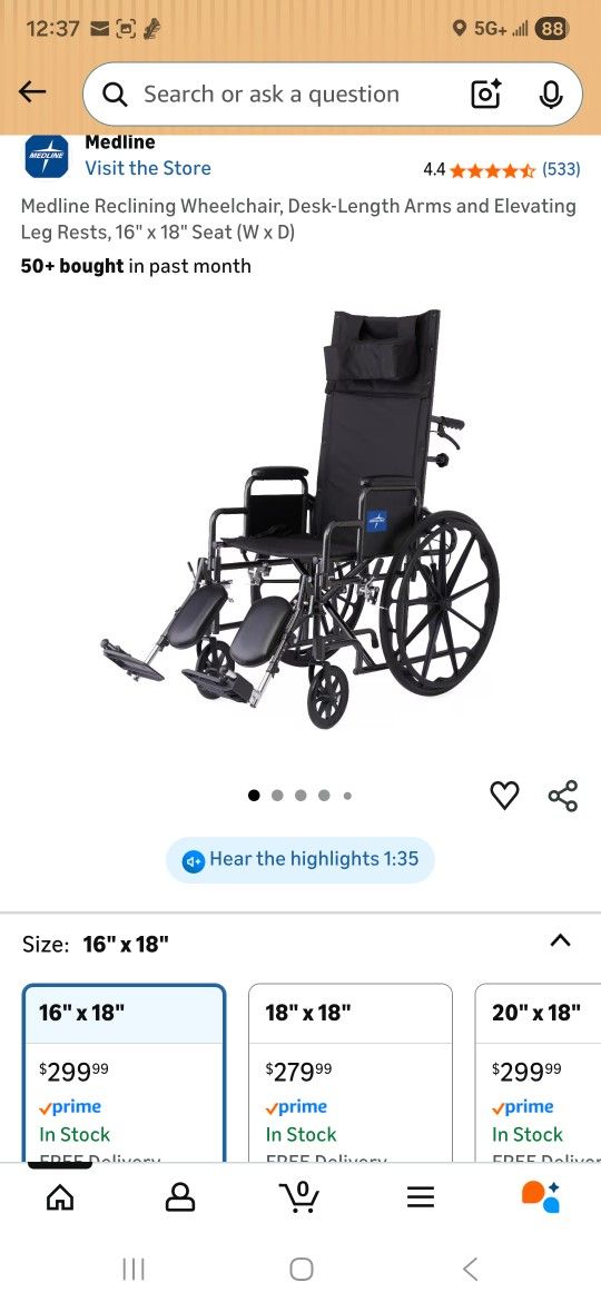 Reclining Wheel Chair Med Line Brand