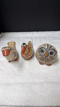 Set of three Tonala pottery birds from Mexico