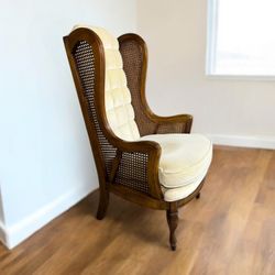 Mid-Century Lewittes Style Brown & Cream Wingback Caned Tuft Armchair